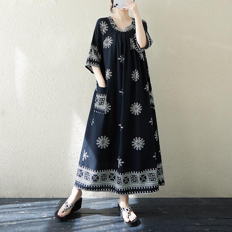 DIMANAF 2025 Summer Plus Size Dress Women Casual Long Vintage Cotton Dress Loose Basic Printing Dress