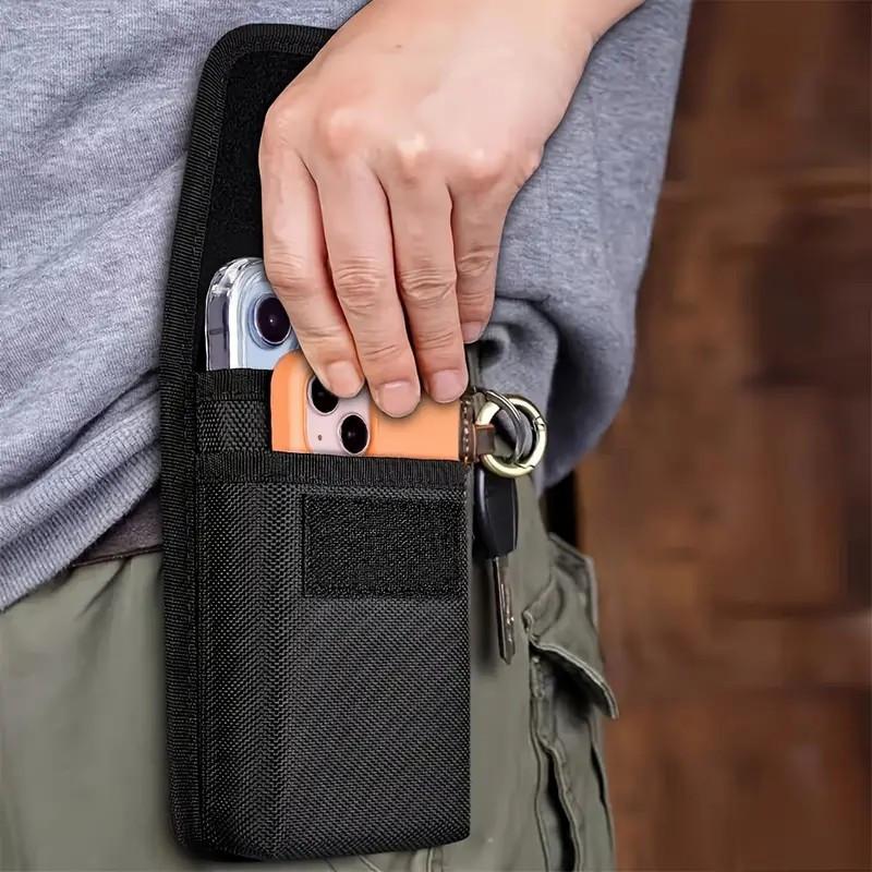Universal Phone Bag Under 7.5 Inches Nylon Dual Pocket Cell Phone Belt Pouch Case Men's Outdoor Bag for iPhone 16 15 Samsung S23