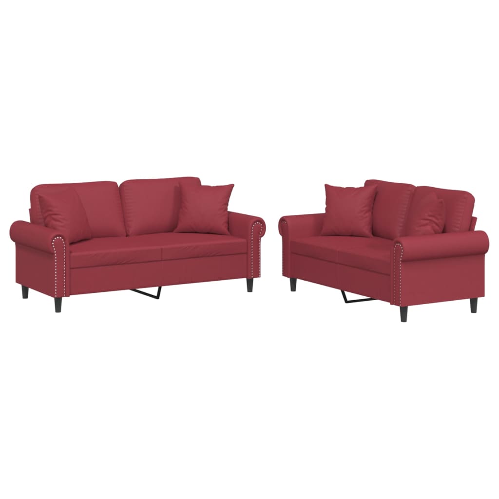 2 Piece Sofa Set with Cushions Wine Red Faux Leather