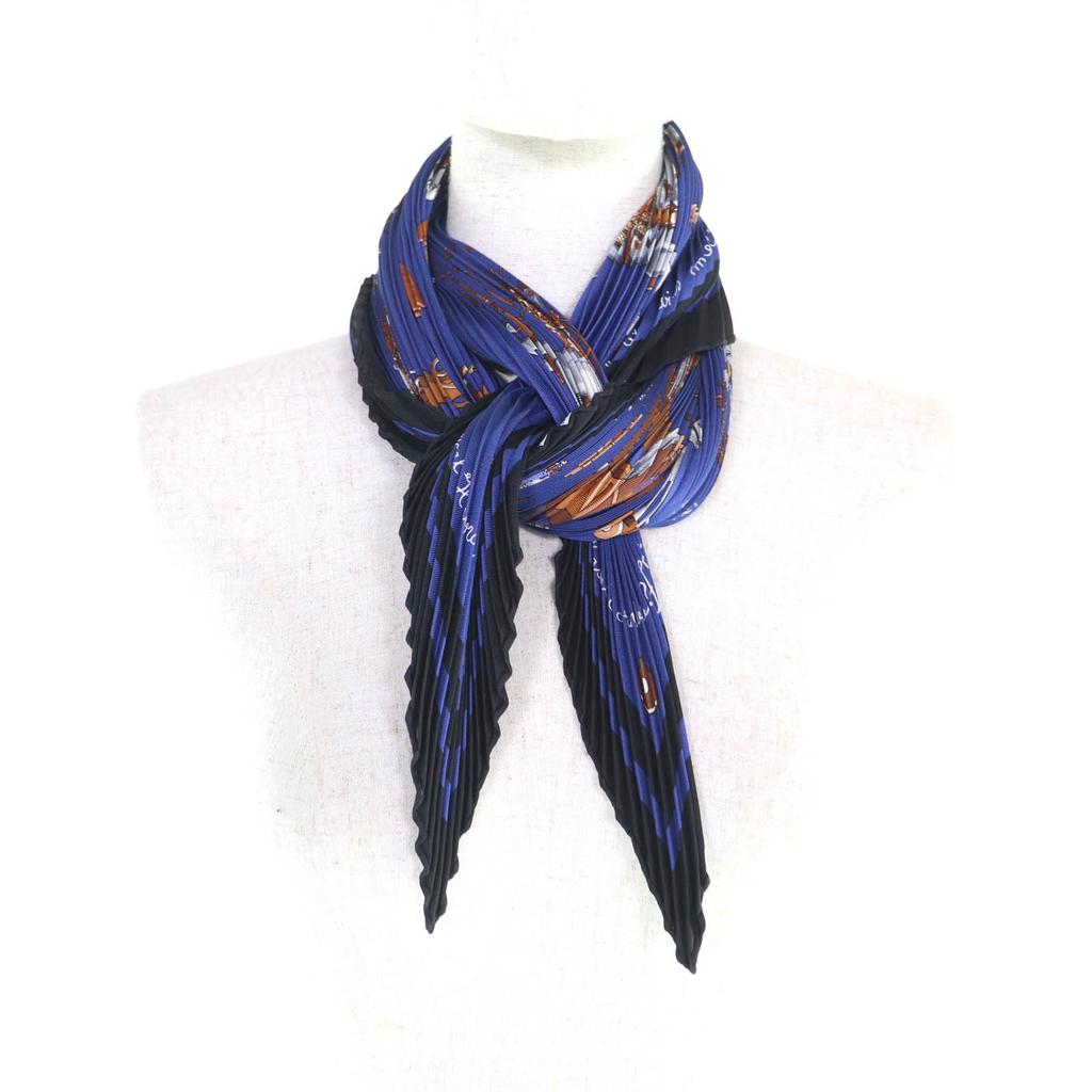 Excellent HERMES scarf Blue Rocking Horse Pleated curry Multi silk Women Used