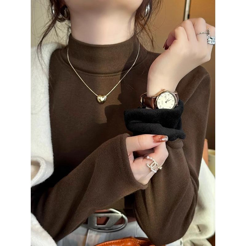 Spring semi-turtleneck bottoming shirt women's thickened integrated velvet warm suit inner top long-sleeved shirt