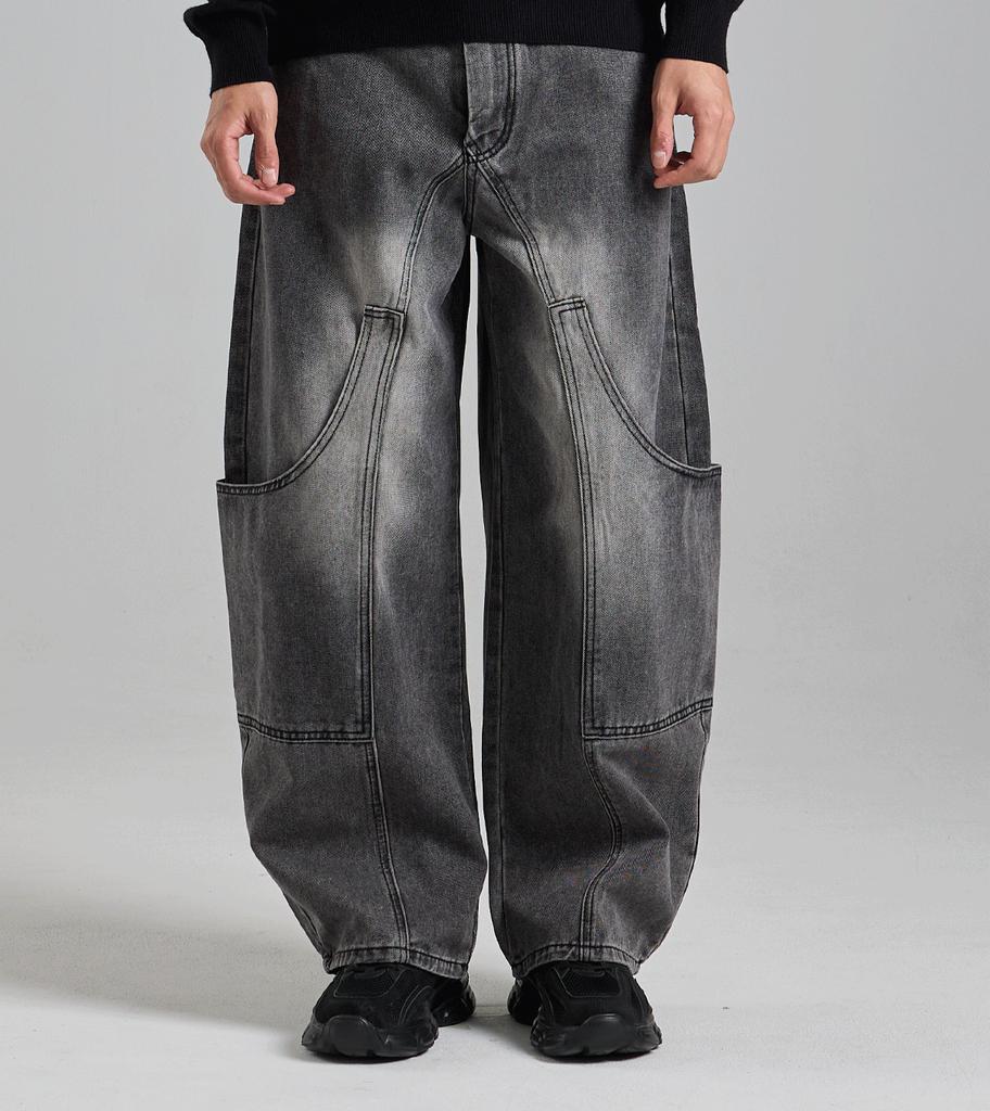 Beoteunseoul Out-Pocket Curved Volume Denim Pants (Dark Gray)