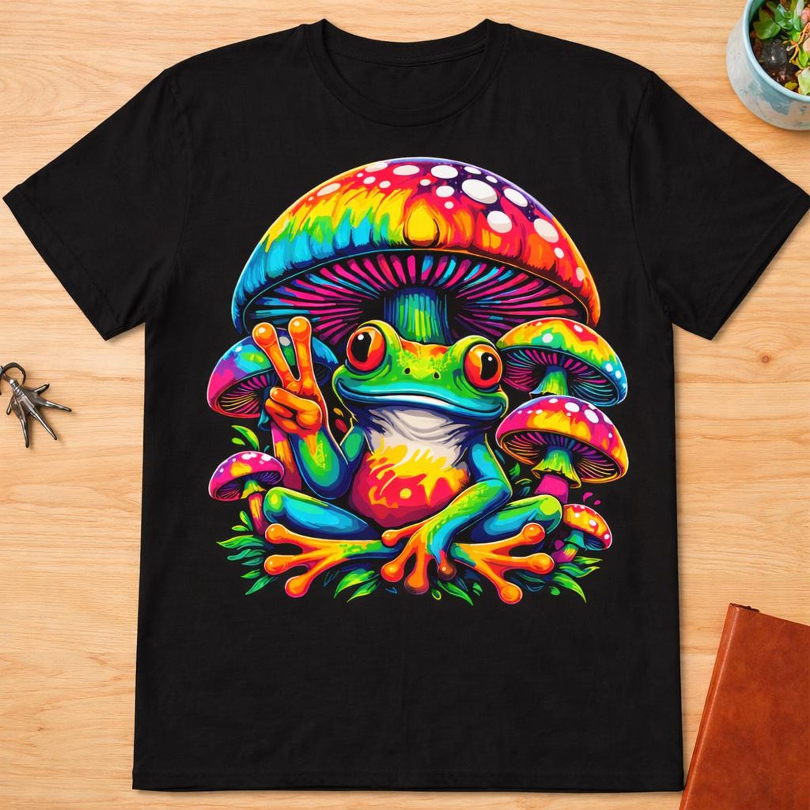 Tie Dye Frog Peace Sign Mushroom Shirt, Hippie Frog Tee, Psychedelic Mushroom Frog T-Shirt, Funny Frog Lover, Festival Outfit M