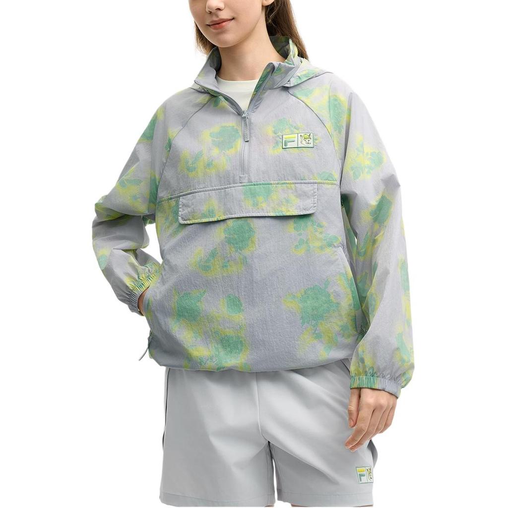 Fila X MAISON KITSUNE Original Logo Print Fashion Loose Woven Hooded Raglan Long Sleeve Jacket Women Jackets Misty-Gray F11W529702F-GY