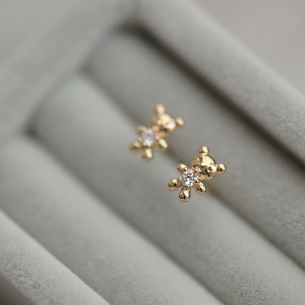 S925 Sterling Silver Gold-Plated Little Bear 3D Stud Earrings - Compact, Cute, and Unique Design