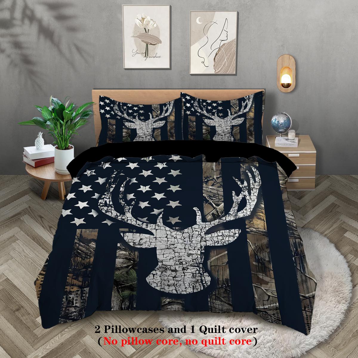 

3pcs Elk and American Flag printed bedding set,For Bedroom,Hotel,for Teens and Adults (1*Duvet Cover + 2*Pillowcase, NO Core) 135x200cm-EU-Single