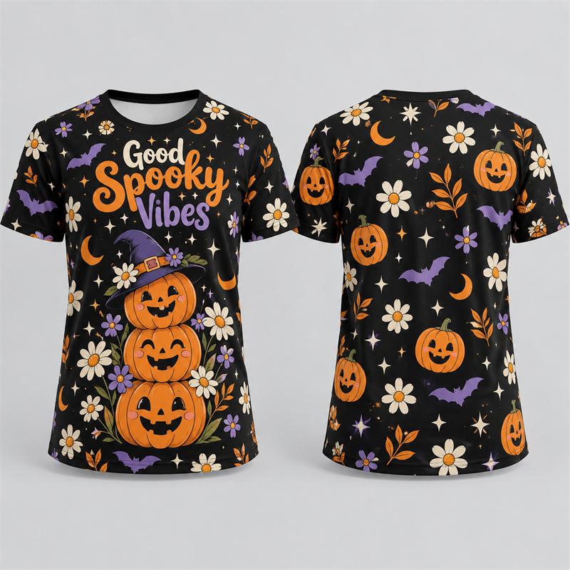 Vintage Gothic Halloween T Shirt Men Women 3D Print Pumpkin Ghost Witch Black Cat Raven Moon Graphic Short Sleeve Tees Tops