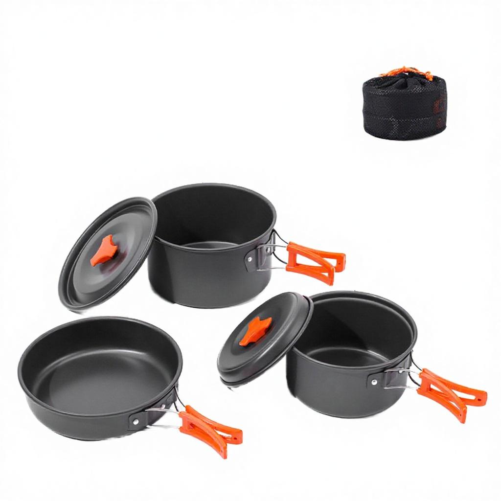 Portable Outdoor Camping Cookware Set Hard Anodized Kettle Pots Frying Pans Tableware for Gas Cooker and Dining