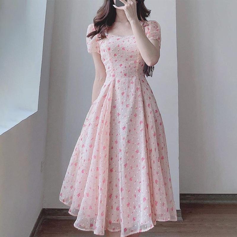 

ZANZEA Женское повседневное платье с принтом, квадратным вырезом и короткими рукавами, со вставками из кружева L розовый