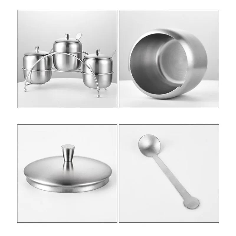 1set 350ml Stainless Steel Sugar Bowl Coffee Seasoning Jar Condiment Pot Spice Container Canister Cruet with Lid and Spoon
