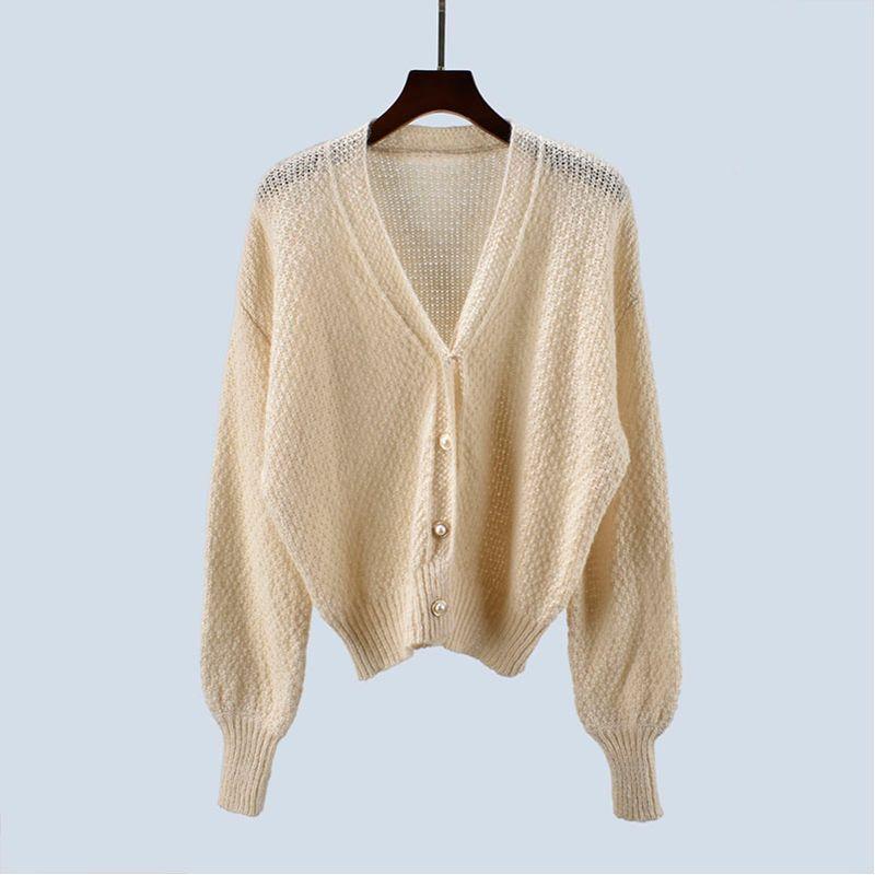Wool Mohair Spring & Fall Women's Knitting Sweater Lazy Style Long Sleeve Pure Color Cardigan Plaid Loose Elastic Outwear