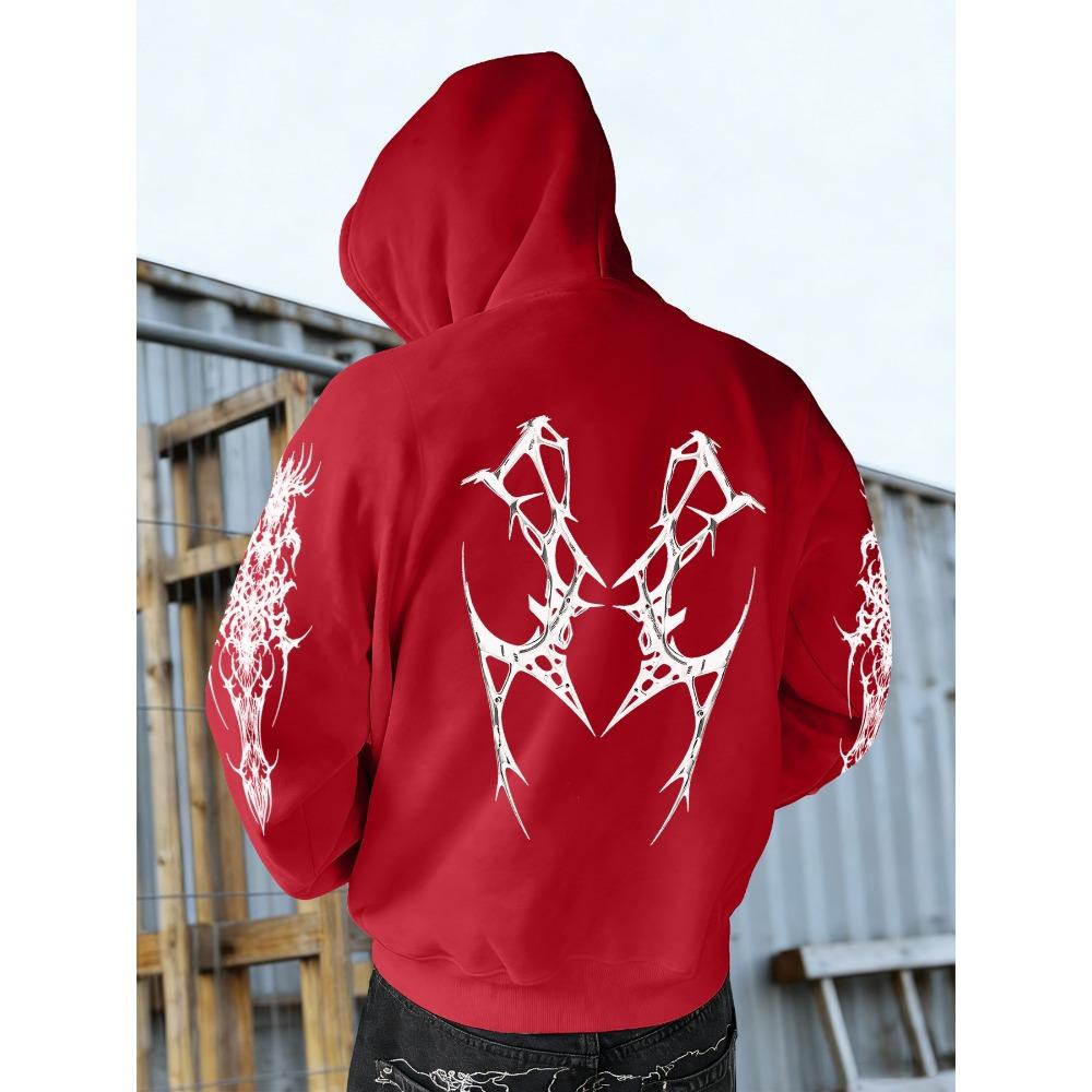 Autumn and Winter Fashionable Men's Retro Street Printed Hooded Sweatshirt with Thorn Pattern, Casual Top, Suitable for Daily Outings