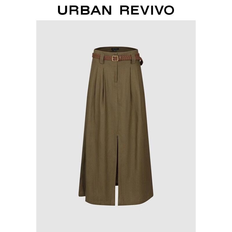 

UR 2026 Spring Women s Pleated Slit Skirt with Woven Belt S