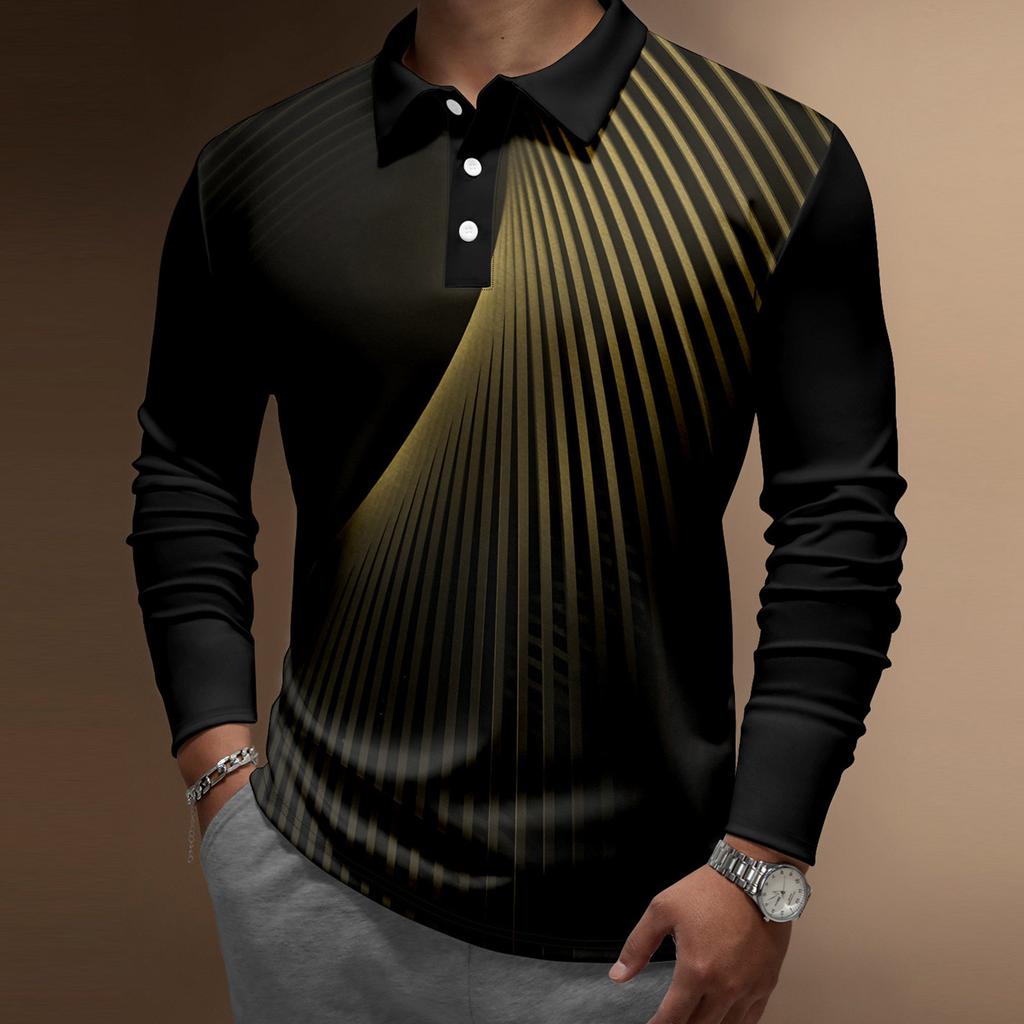 Herren-Revers-Langarm-bedrucktes Freizeit-Oberteil, lockeres Sport-Revers-Hemd