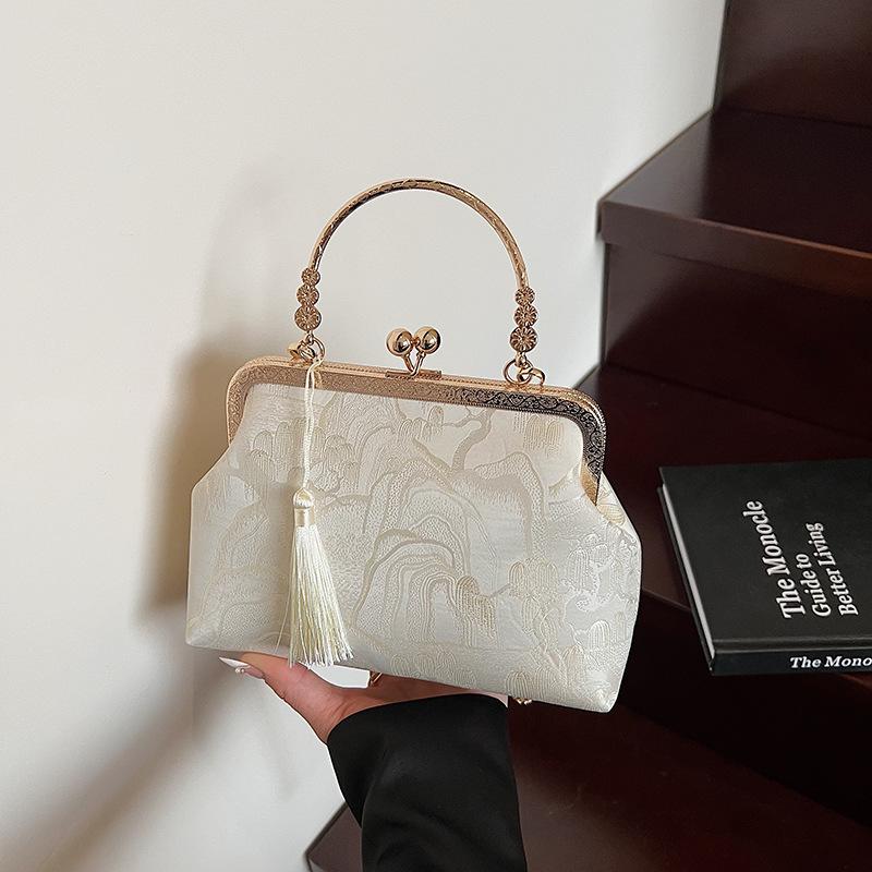 New Glossy Floral Tassel Shell Bag with Chain Strap - Vintage Qipao-Inspired Adjustable Crossbody/Shoulder Handheld Mini Square Bag for Women