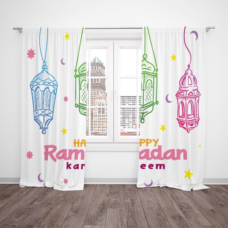 2PCS- Ramadan - Lantern - Printed curtain - Polyester material, suitable for bedroom, living room, study