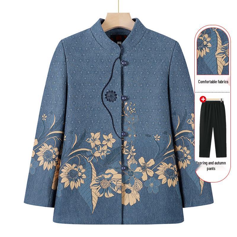 Elderly Women's Spring Coat, New Style for 60-70-Year-Olds, Stand-Up Collar, Long-Sleeve Top for Grandma