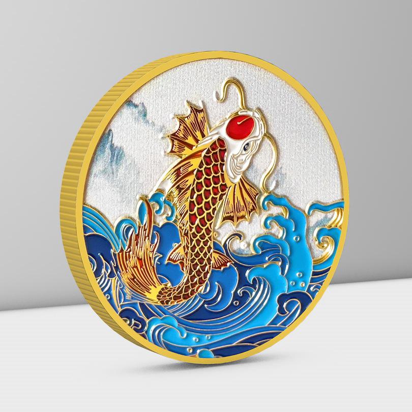 Medaille Koi Maskottchen Münze Gedenkmünze Metallfigur Neujahr Bemalte Münze Kleines Geschenk Abzeichen