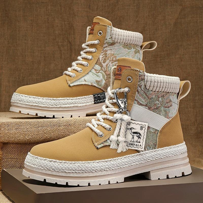 Leather Martin Boots Men's Autumn High-top Men's Boots Autumn and Winter Velvet Tooling Trendy Boots Men's Straw Bottom