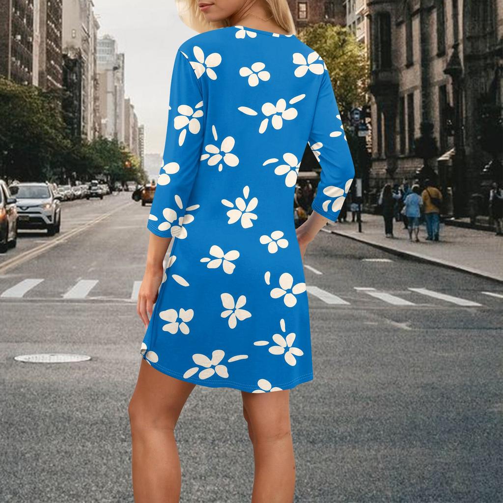 Women's Summer Dress Loose V Neck Three-quarter Sleeve Sundress With Pockets Dress