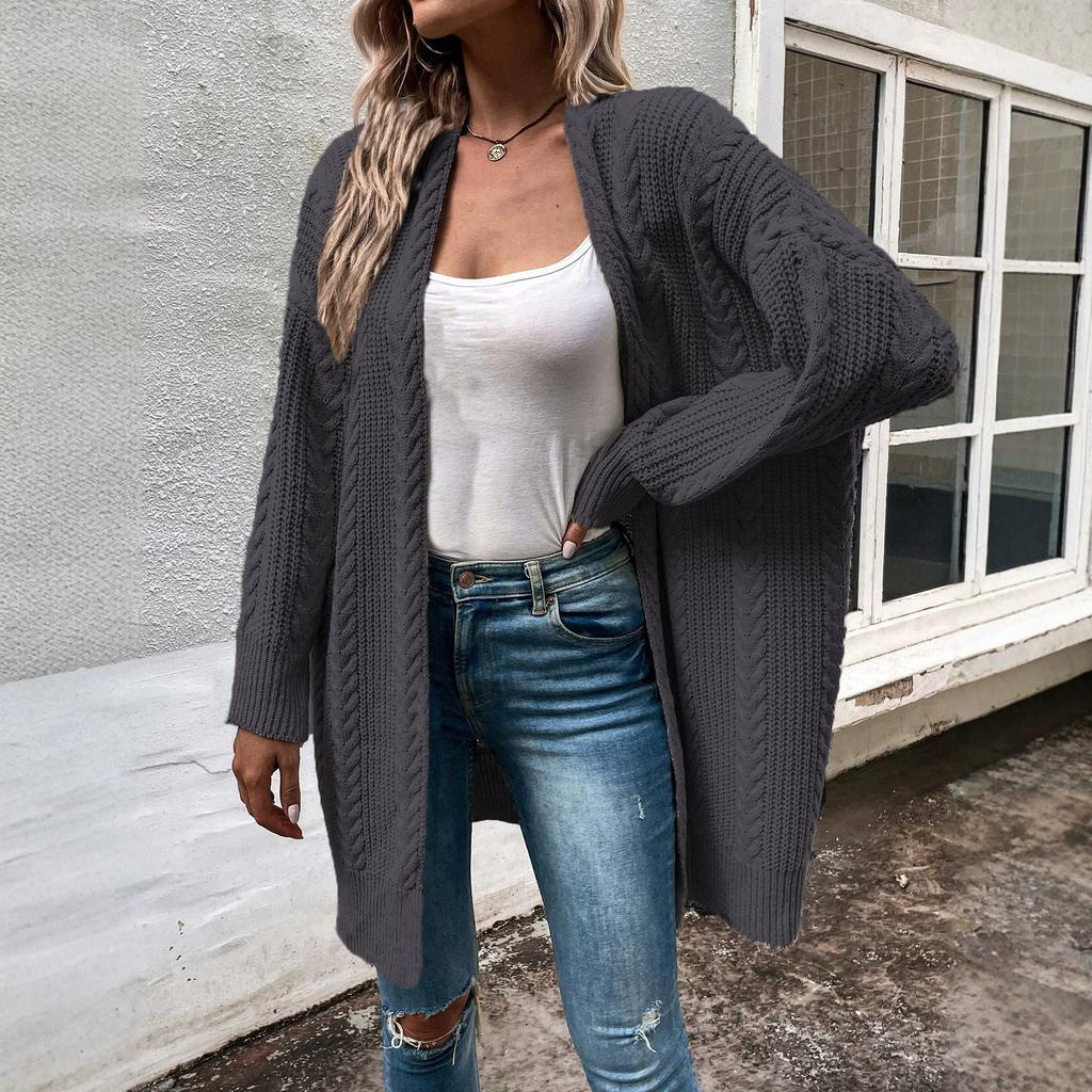 European and American New Women's Twist Sweater Women's Cardigan Jacket Large Size Solid Color Loose V-neck Long Knitted Sweater