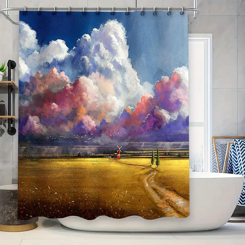 

Landscape Shower Curtain Vintage Windmill Field Art Bathroom Decor Rustic Farmhouse Tapestry Backdrop Scenic Wall Hanging W60H190(CM)-1 Pcs