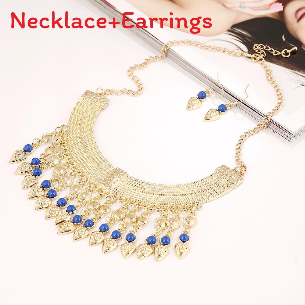Necklace Fashion Tassel Eardrop Set With Layered Chain And Gemstone Details