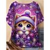 Ladies Loose T-shirt, Christmas Atmosphere Plus Cute Kitten, Printed T-shirt