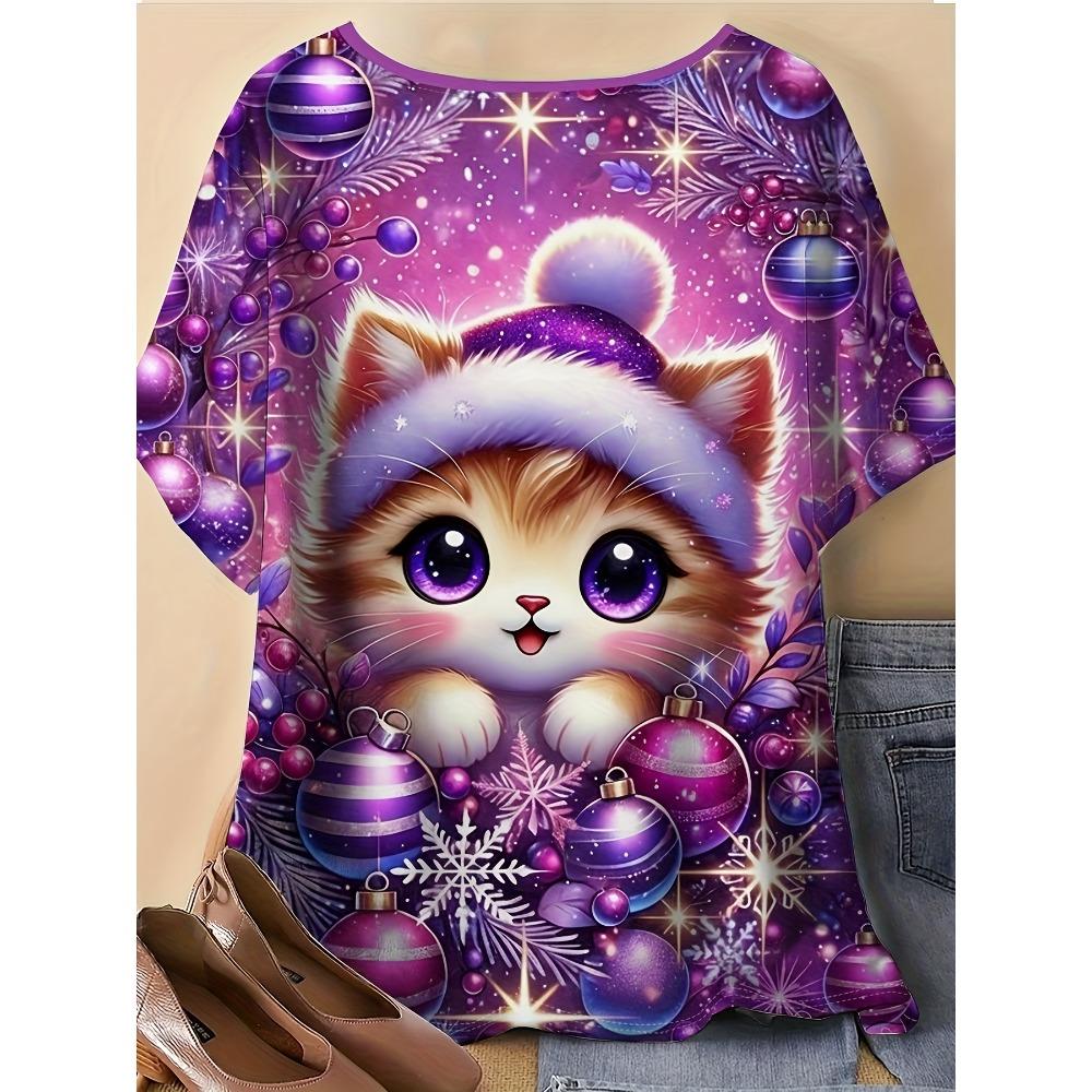 Ladies Loose T-shirt, Christmas Atmosphere Plus Cute Kitten, Printed T-shirt