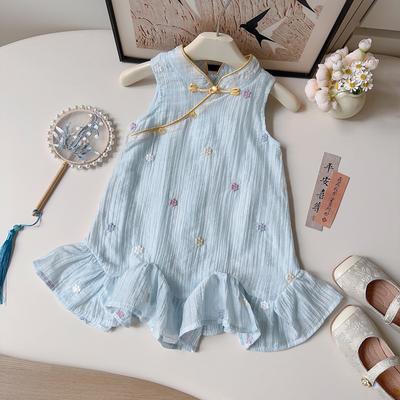 Girls Summer Chinese Embroidered Floral Vest Dress with Ruffled Hem Qipao Cheongsam Dress for Kids