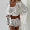 Women's White Three Piece Lounge Set with Long Cardigan, Sleeveless Vest and Shorts