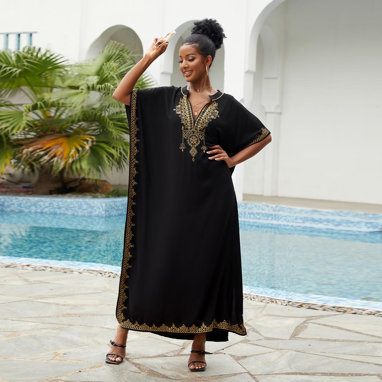 

Пляжные накидки, черные кафтаны с вышитыми цветами и воротником-стойкой для женщин, праздничные купальные костюмы больших размеров One Size