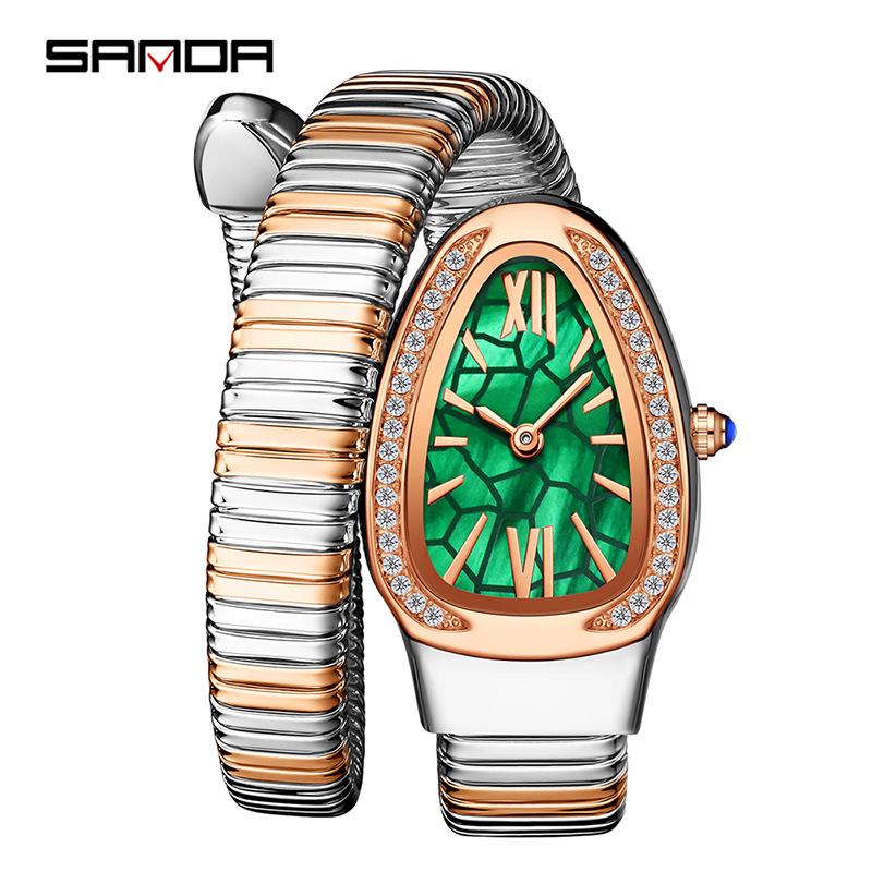 Sanda Brand Elegant Snake-shaped Ladies Quartz Wristwatch with Diamond Accents