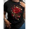 European Size Women's Black Rose & Golden T-Shirt - Short Sleeve Crew Neck Casual Top with Red Roses & Golden Butterflies, Year-Round Wearable
