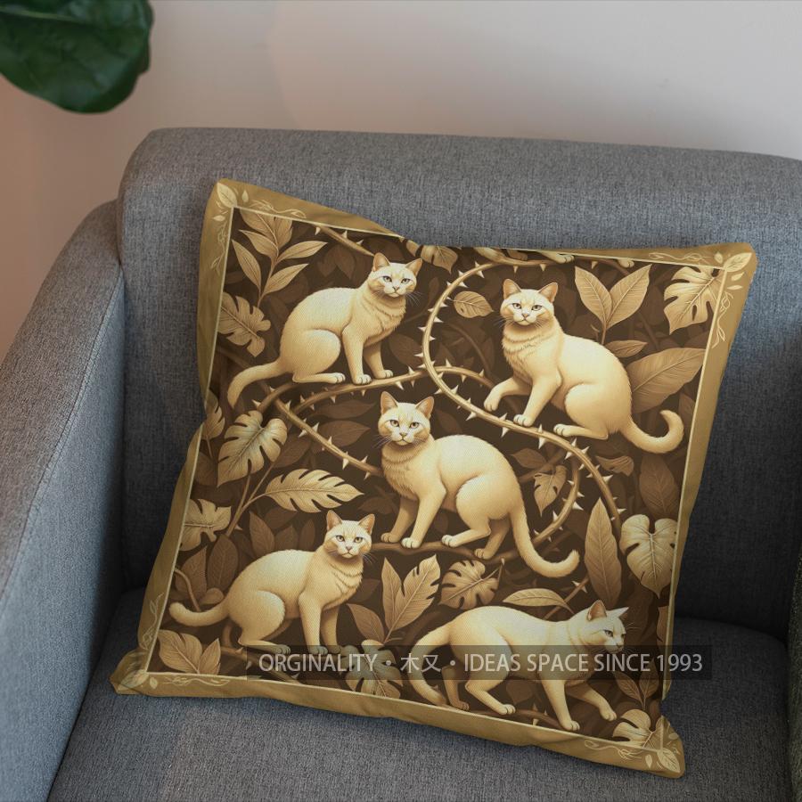 2D Golden Cats With Branches Pattern Pillow Cover Pattern Cushion Cover Suitable For Sofa Bedroom Car Pillow Cover