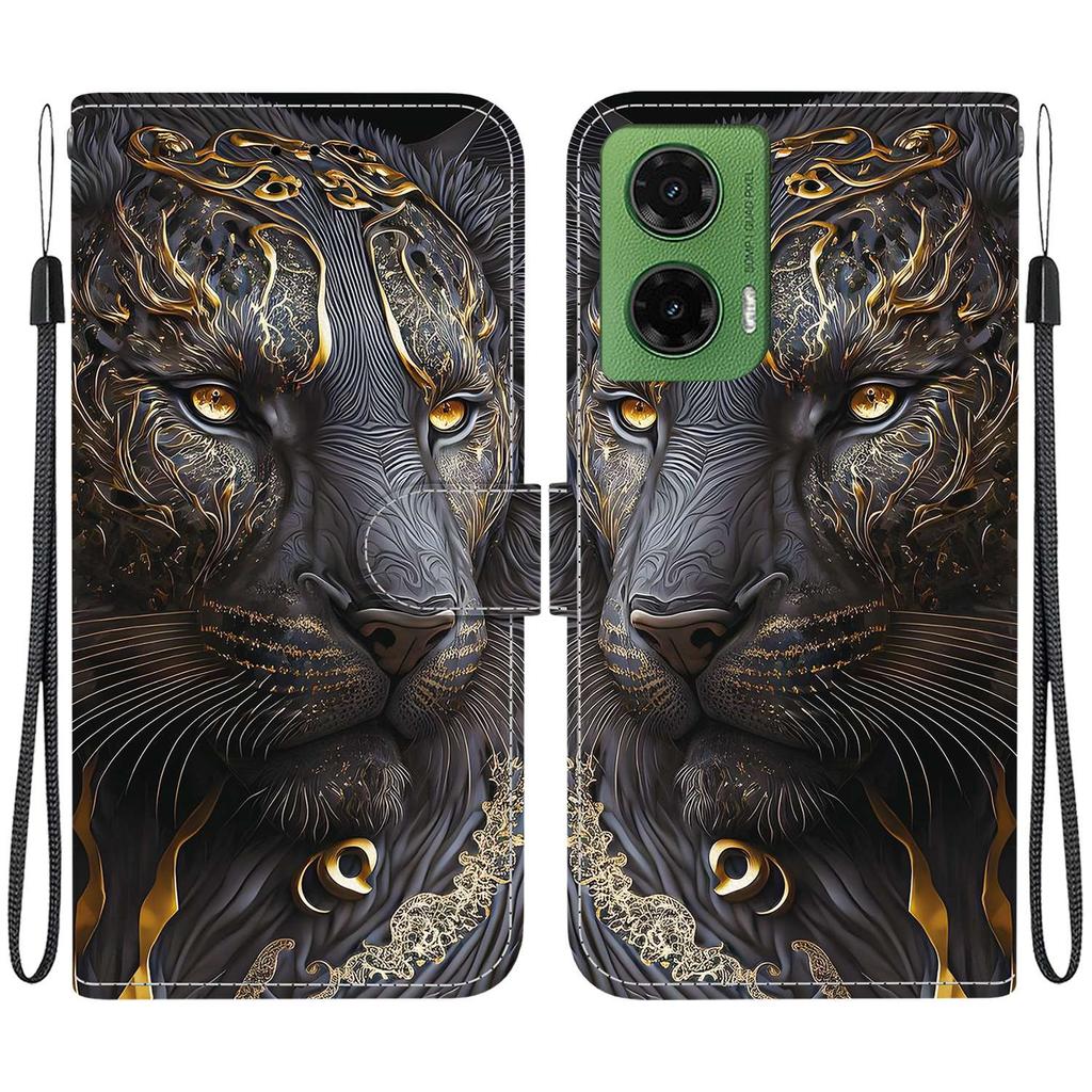 Handmade PU Leather Flip Case for Motorola Moto G35 Anti-Slip Shockproof Cover with Wrist Strap & Heart/Rose Cat Designs