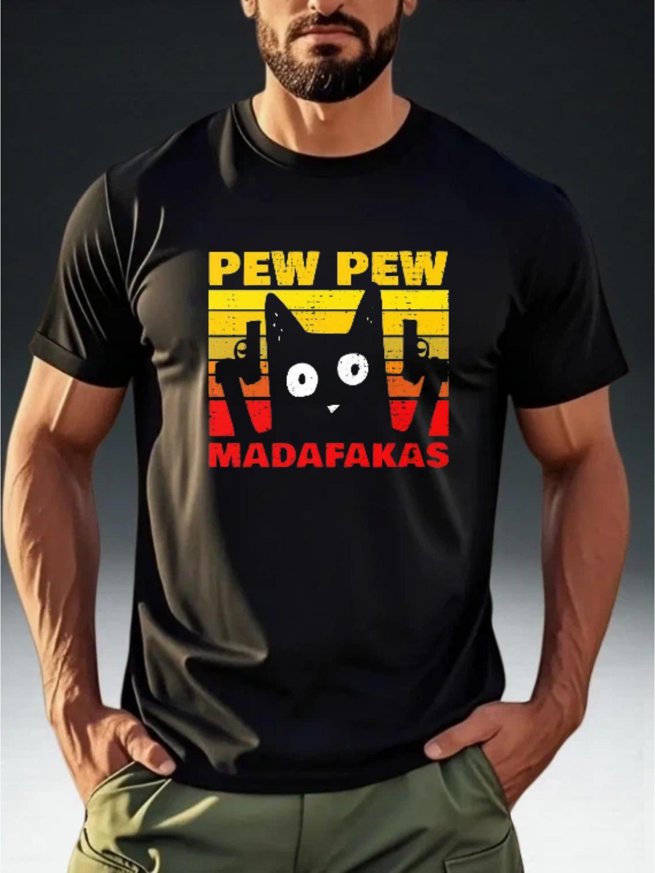 

Men S Retro-Style T-Shirt Featuring a Quirky Print of a Black Cat with Dual Guns Saying PEW PEW MADAFAKAS S