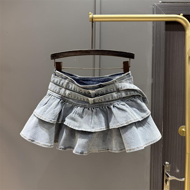 Summer ruffle edge denim skirt female retro spice girl age reduction and thin anti-light a-word pleated skirt