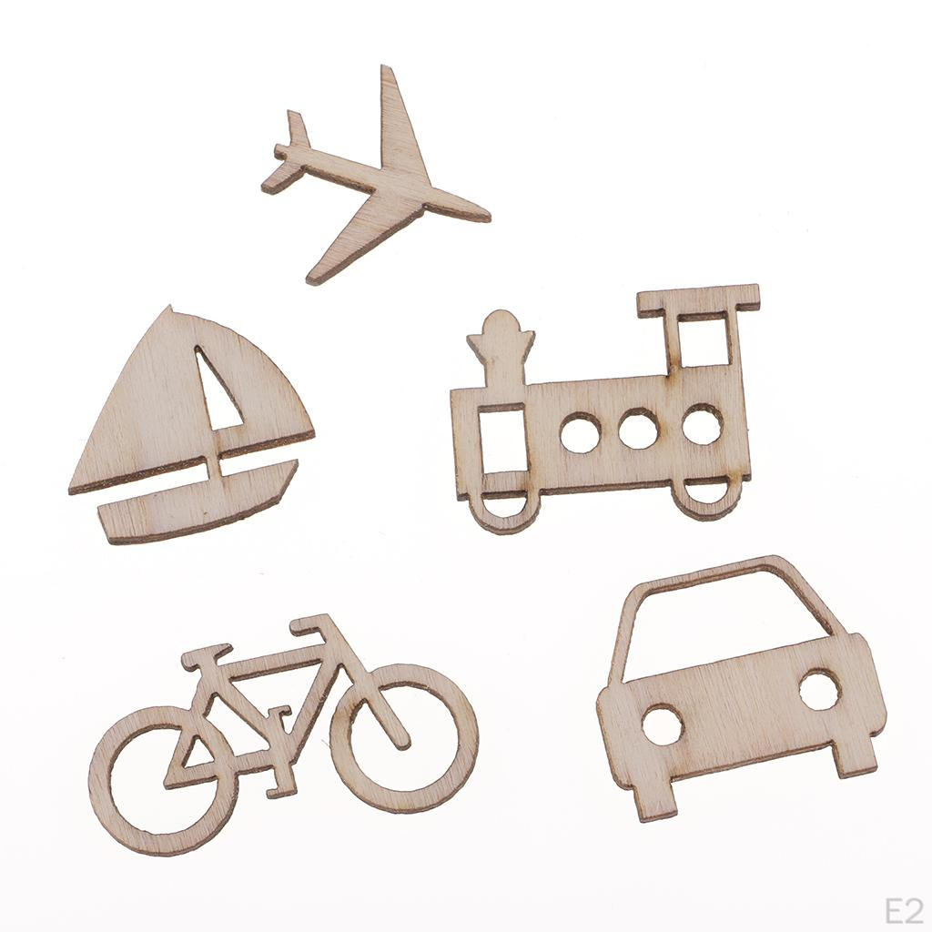 50 Pieces Blank Wood Bike Ship Car Train Plane Wooden Shapes Plaque Embellishment Tags for Kids