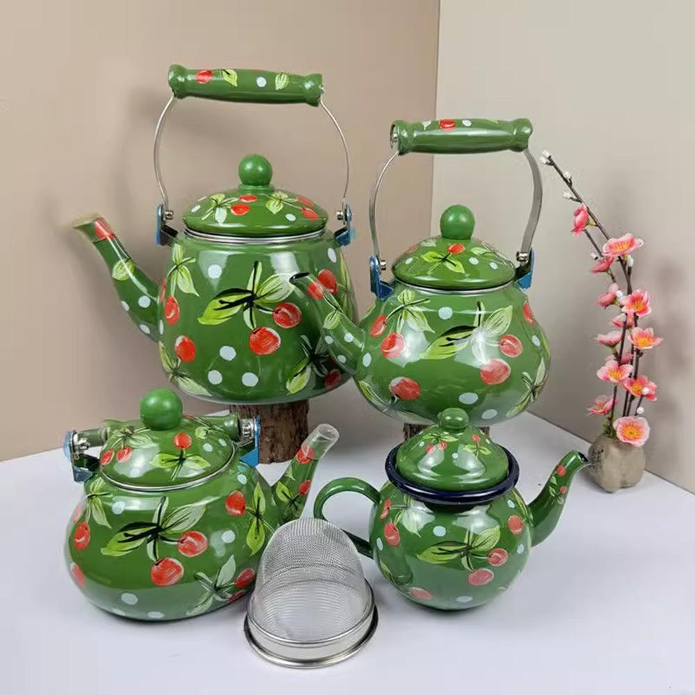 Ethnic style painted enamel pot with strainer, Household coffee pot, Gas induction cooker boiling water kettle, Milk tea pot