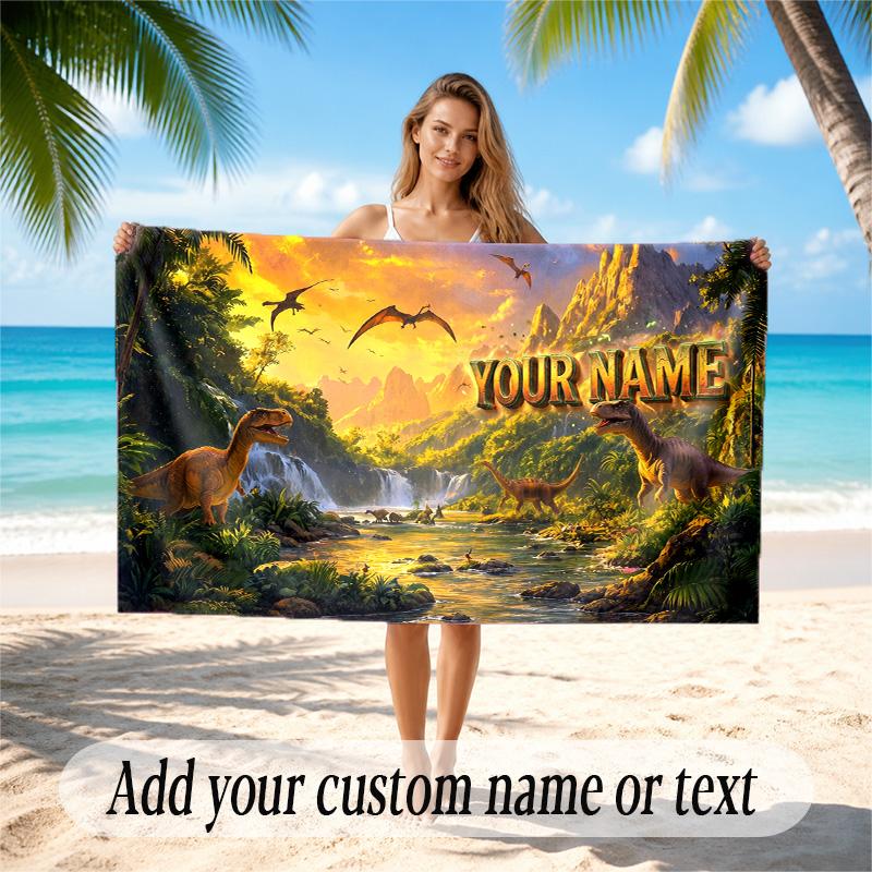 Dinosaur Theme Quick Dry Beach Towel Custom Name Text Print Large Sand Resistant Towel Beach Vacation