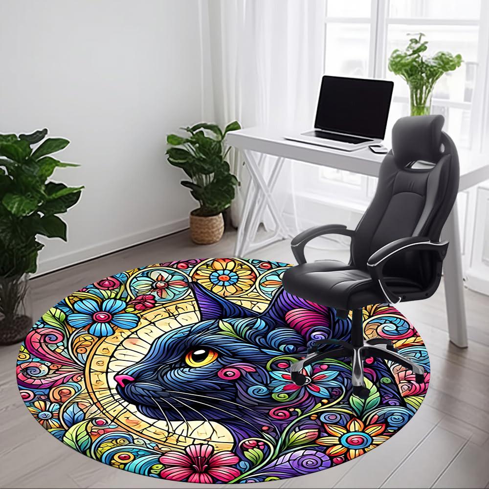 1pc Cat Flowers Office Round Area Rug, Indoor Mat Suitable For Office, Under Office Chairs Bedroom Living Room Home Decor, Room Deco