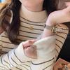 Women's Autumn Winter Thickened Striped Sweater with Integrated Fleece Fabric Half-High Neck Base Layer Top