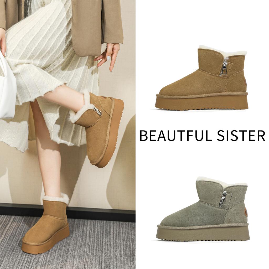 Fleece snow boots women's new winter leather short boots fleece thickened versatile inner heightening platform cotton shoes women