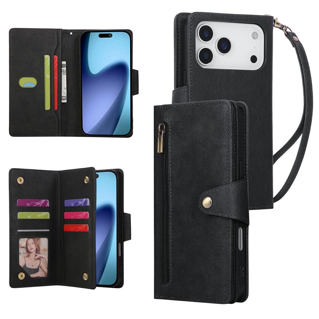 For iPhone 17 Pro Case Zipper Wallet Rivet Decor Leather Phone Cover with Wrist Strap