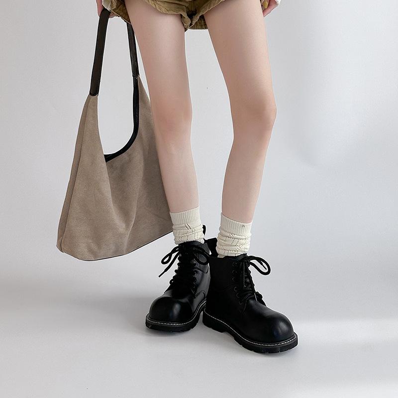 Fashion Retro Versatile Leather Boots Solid Color Lace-up Platform Martin Boots Autumn and Winter College Style Short Boots British Style Fashion B
