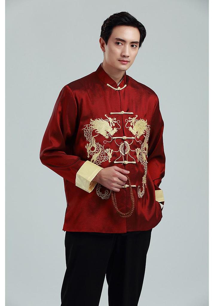 Embroidered Gold Double Dragon Tang Suit Men's Long-Sleeve Stand-Collar Outerwear