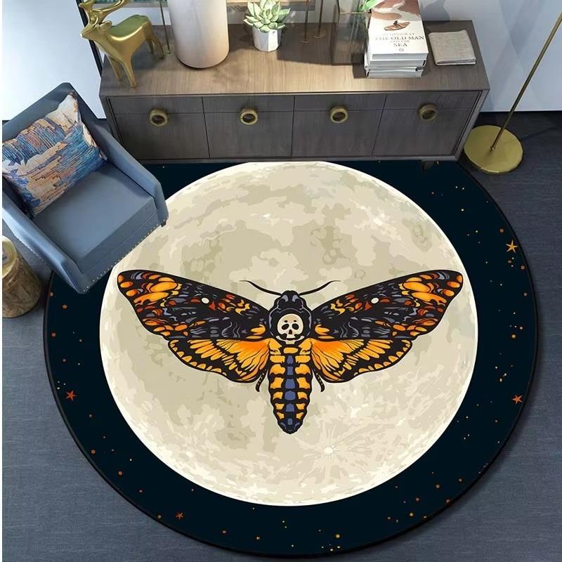 Death Moth Round Carpet Gothic Skull Round Floor Mat Butterfly Moon Living Room Carpets Bathroom Kitchen Area Rug Doormat Decor