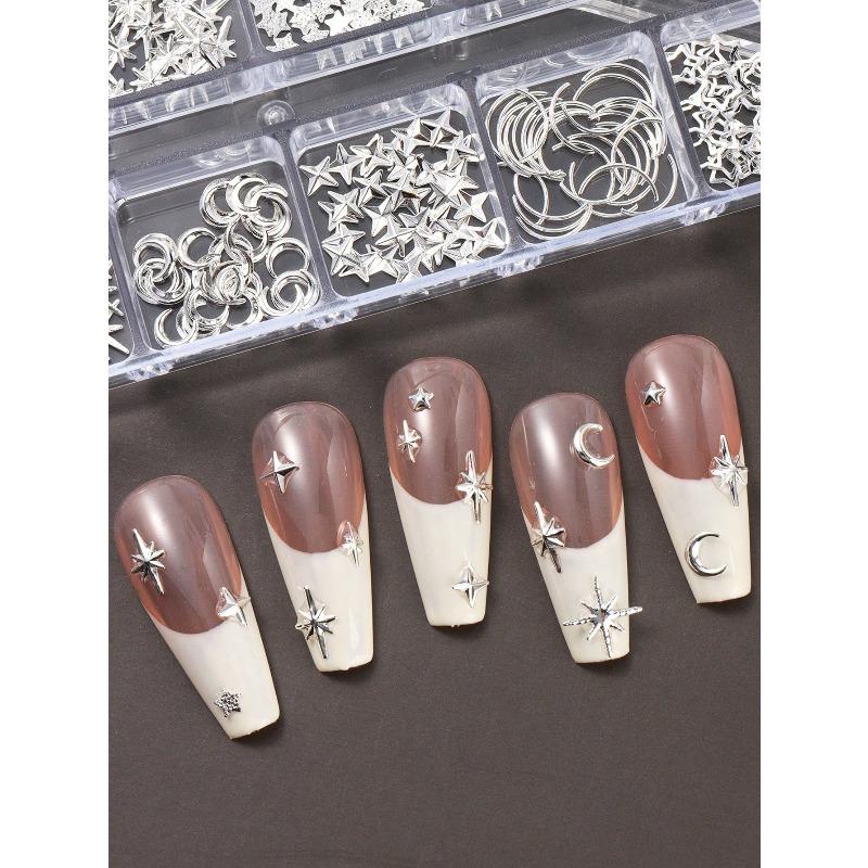 12 Grids Gold Moon Star Metallic Nail Charms 3D Y2K Jewelry Rhinestones Steel Ball Nail Art Decoration Manicure Supply Diy Nail Supplies