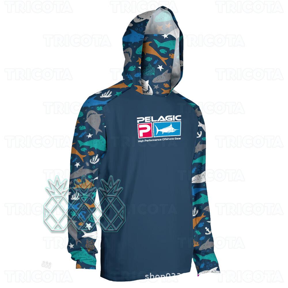Cross-border Pelagic fishing suit men s spring, summer and autumn long-sleeved sunscreen hooded T-shirt breathable Luya fishing suit ice silk XS